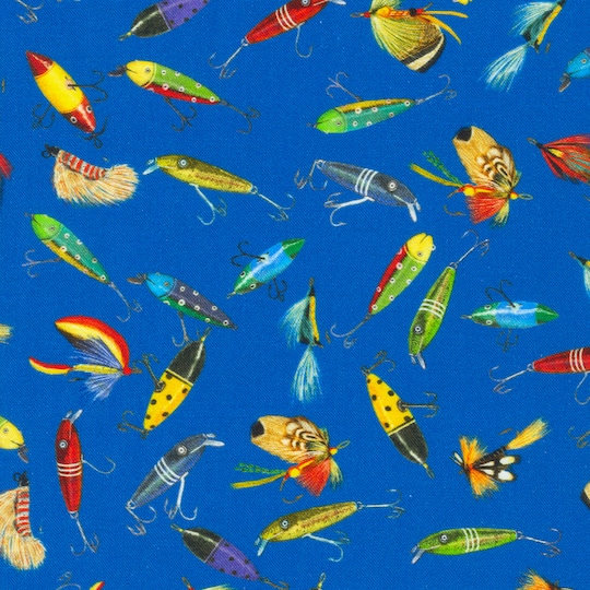 fabric with fishing lures fishing line Wilmington Prints Reeled In Lures